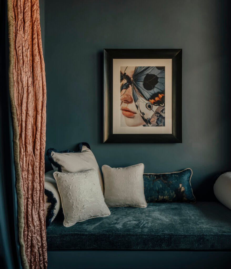 Blue Suite at The James Hotel, Florence, featuring artwork by Lari Daniele, bespoke velvet textiles, and handcrafted Florentine design details.