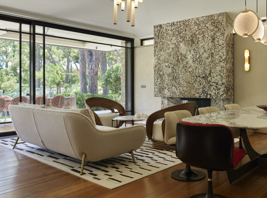 sofa Luxury villa interior design South of France — living area with natural materials